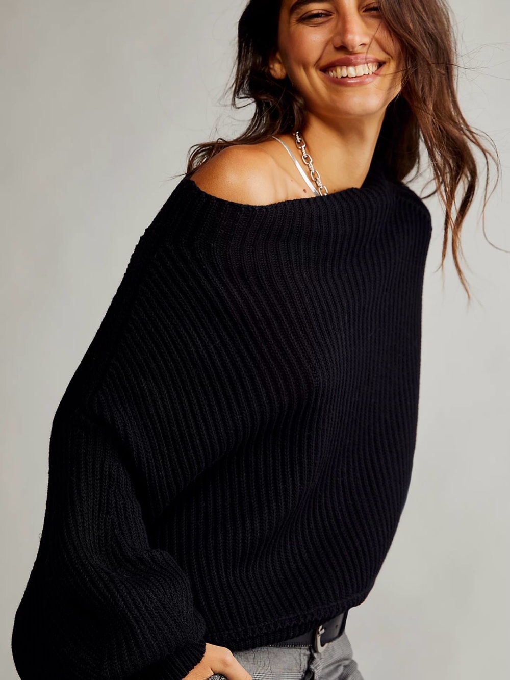 Free People Off-Shoulder Ribbed batwing Black Women's Sweater